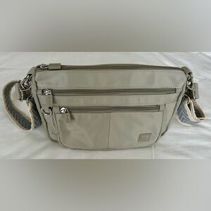 IHKWIP crossbody bag light grey/beige multi-pocket nylon messenger bag.